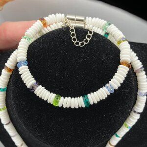 Shell Set Beaded 17.5 inch Choker + 7 inch Bracelet White Shell Colored Faceted